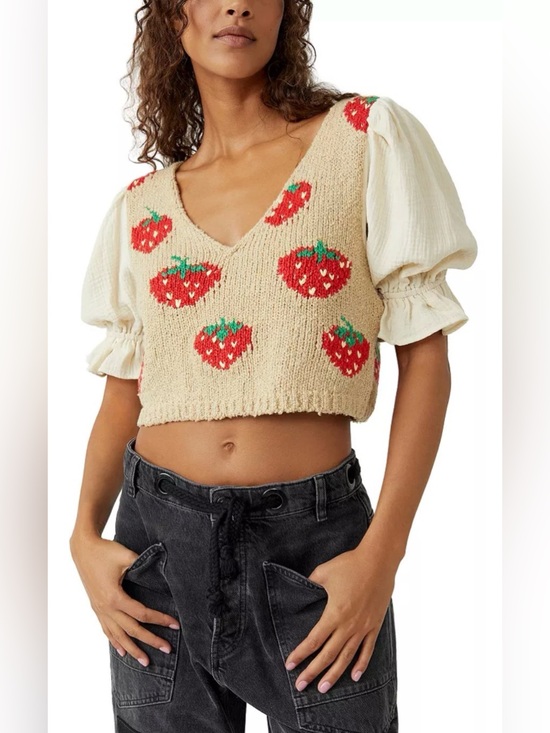 Free People Tops - FREE PEOPLE Strawberry Jam Crop Top XS Puff Sleeve Knit Boho